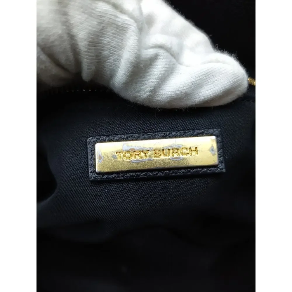 Tory Burch Black Pebbled Leather Chain Double Handles Tote Bag